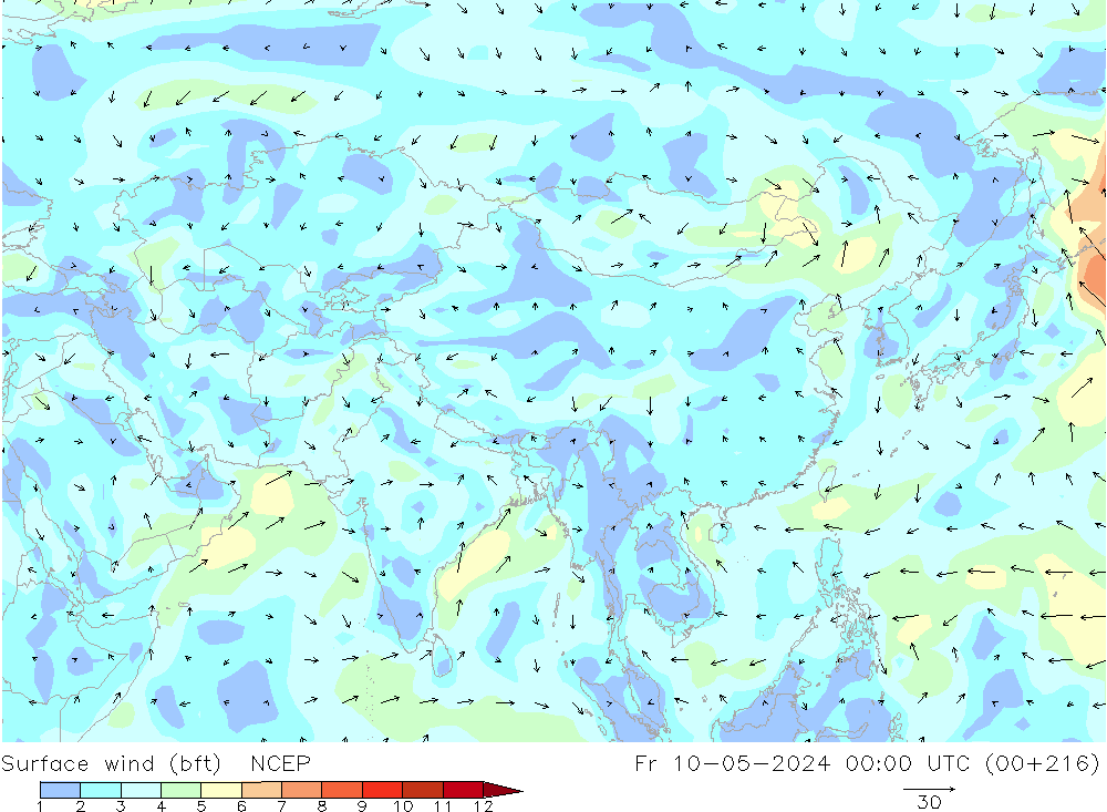 Surface wind (bft) NCEP Fr 10.05.2024 00 UTC