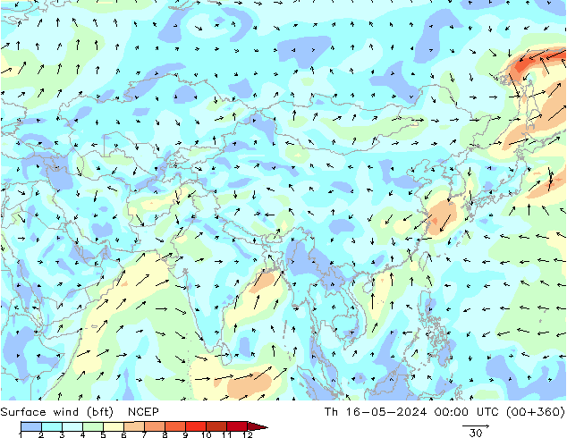 Surface wind (bft) NCEP Th 16.05.2024 00 UTC