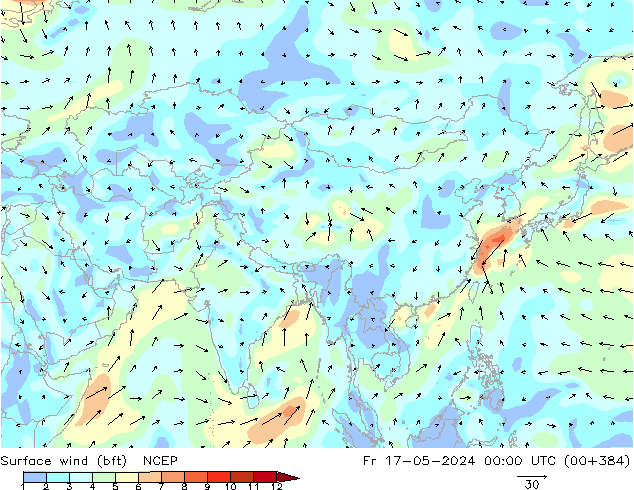 Surface wind (bft) NCEP Fr 17.05.2024 00 UTC