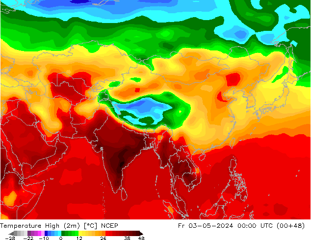 Max.temperatuur (2m) NCEP vr 03.05.2024 00 UTC