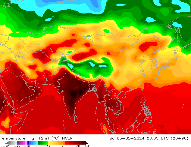 Nejvyšší teplota (2m) NCEP Ne 05.05.2024 00 UTC