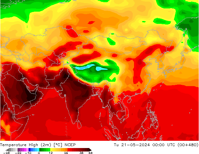 Nejvyšší teplota (2m) NCEP Út 21.05.2024 00 UTC