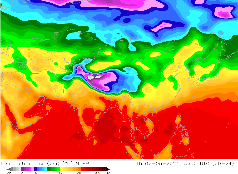 Nejnižší teplota (2m) NCEP Čt 02.05.2024 00 UTC
