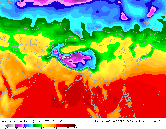 Min.temperatuur (2m) NCEP vr 03.05.2024 00 UTC