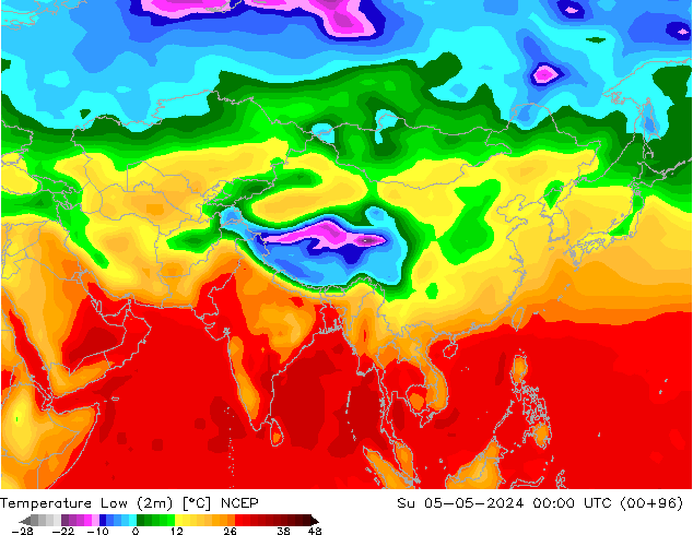 Nejnižší teplota (2m) NCEP Ne 05.05.2024 00 UTC