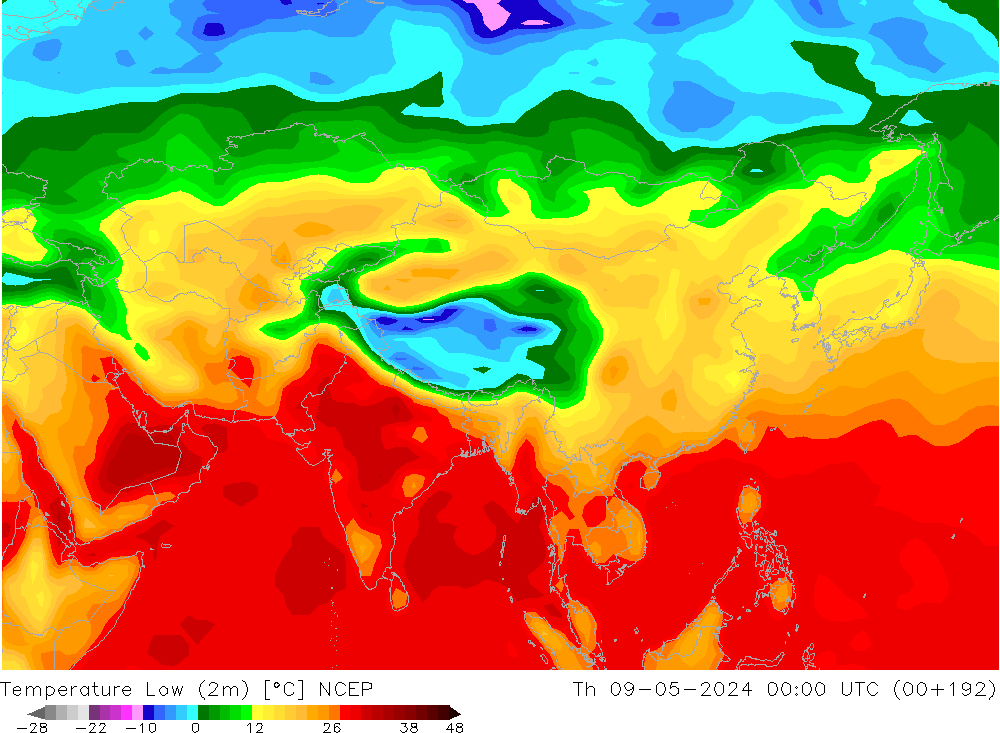 Nejnižší teplota (2m) NCEP Čt 09.05.2024 00 UTC
