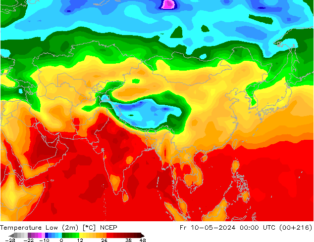 Min.temperatuur (2m) NCEP vr 10.05.2024 00 UTC