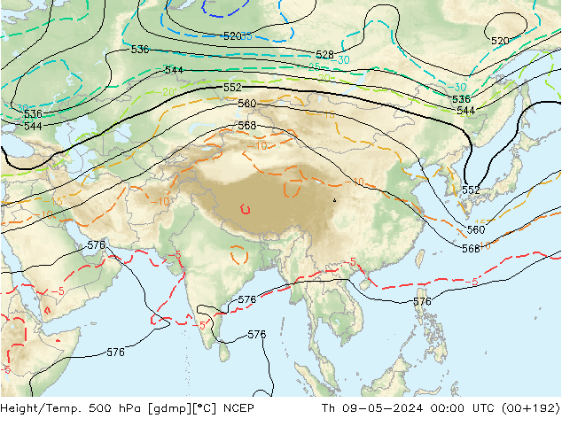 Height/Temp. 500 hPa NCEP Qui 09.05.2024 00 UTC