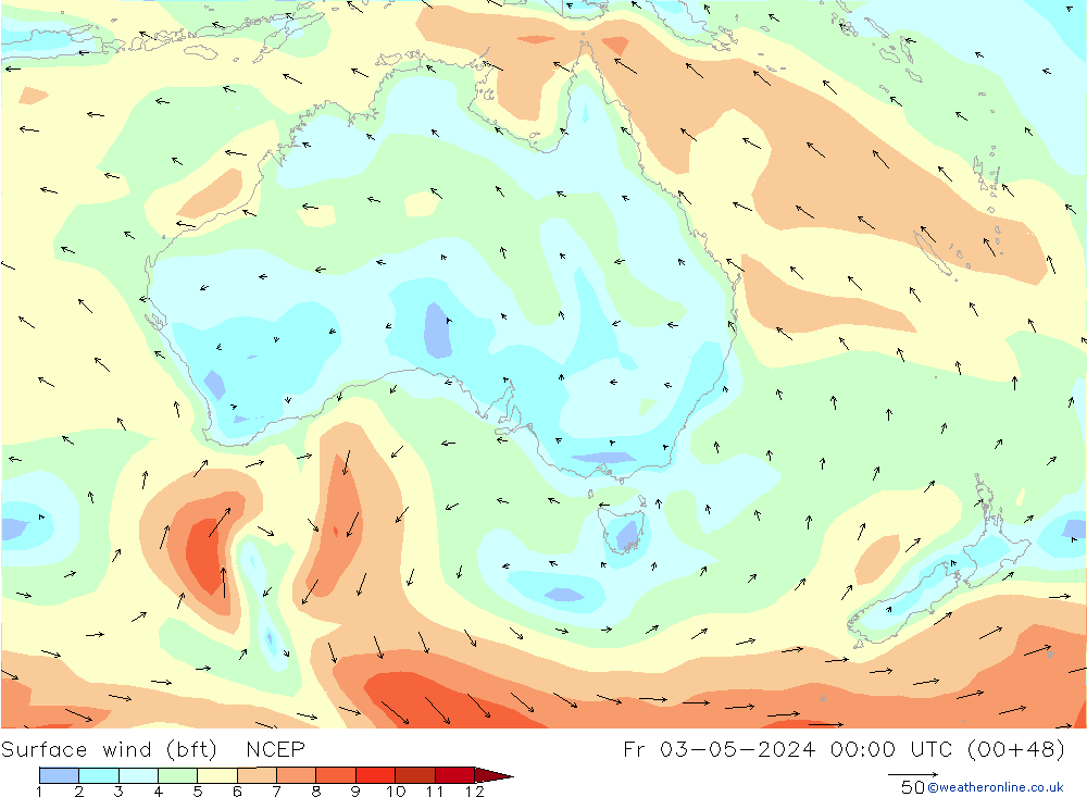 wiatr 10 m (bft) NCEP pt. 03.05.2024 00 UTC