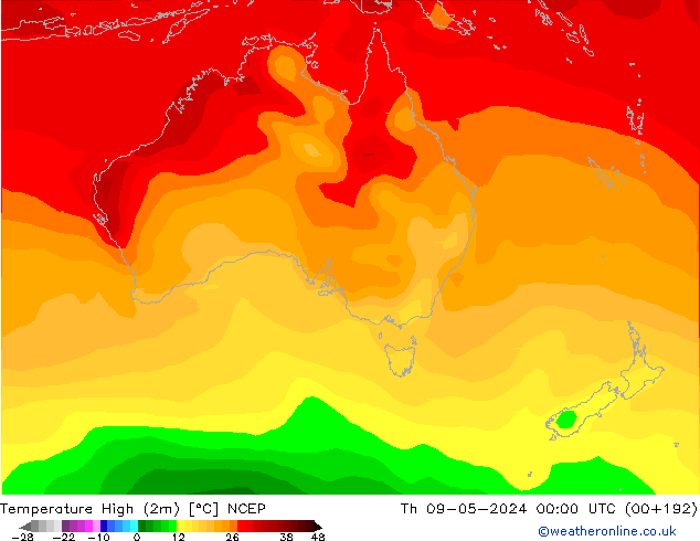 Max. Temperatura (2m) NCEP czw. 09.05.2024 00 UTC