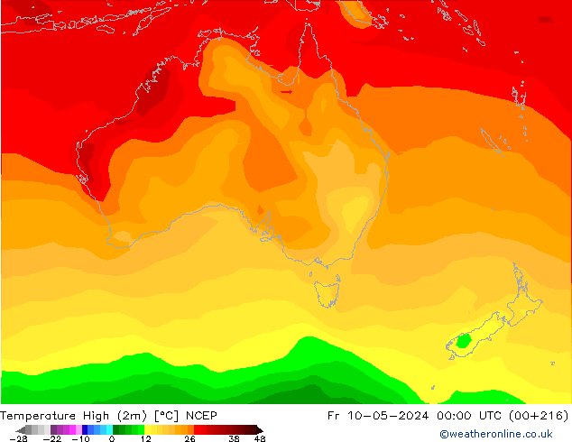 Max.temperatuur (2m) NCEP vr 10.05.2024 00 UTC