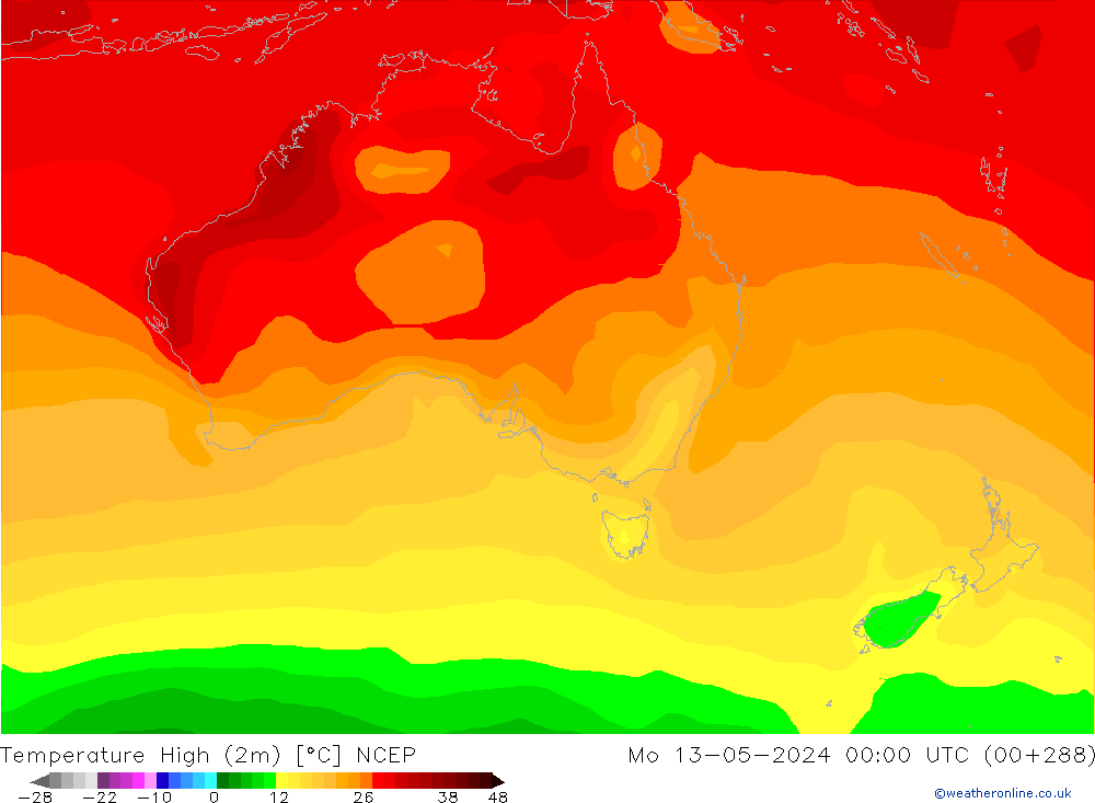 Max. Temperatura (2m) NCEP pon. 13.05.2024 00 UTC