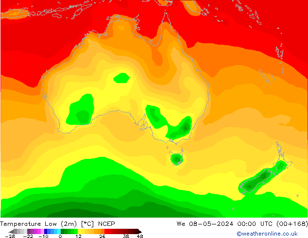 Min.temperatuur (2m) NCEP wo 08.05.2024 00 UTC