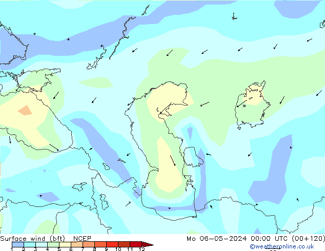 Surface wind (bft) NCEP Mo 06.05.2024 00 UTC