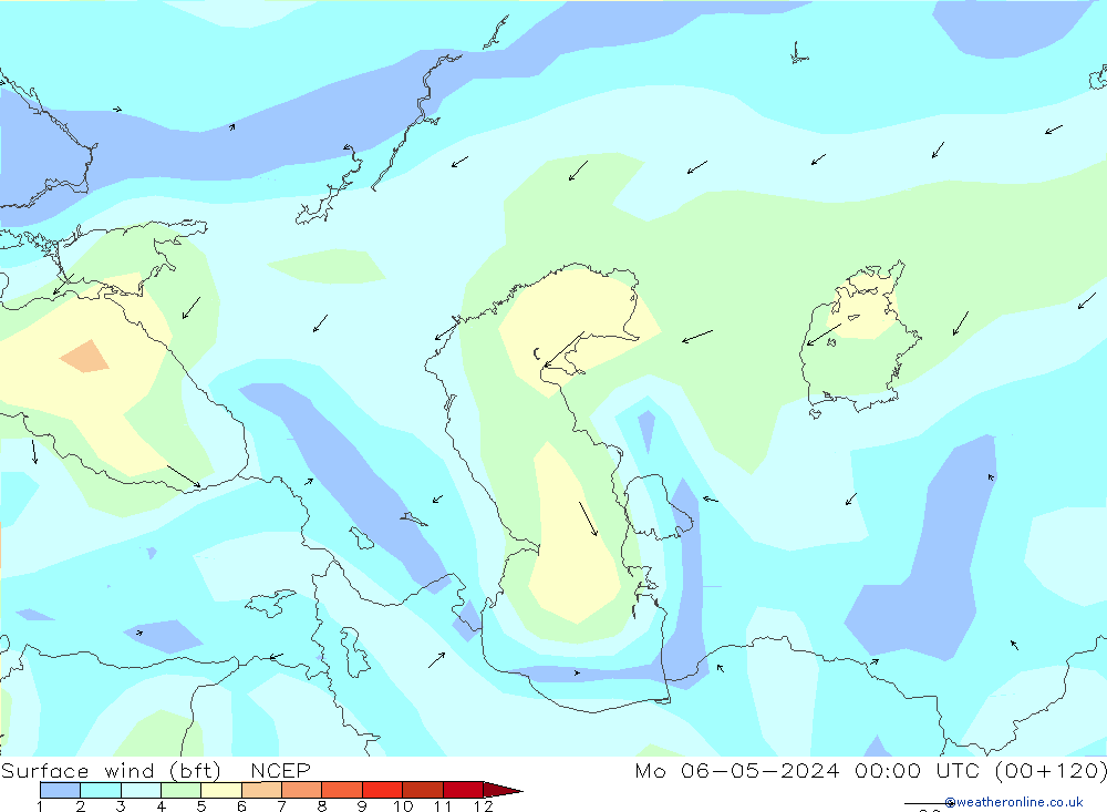 Surface wind (bft) NCEP Mo 06.05.2024 00 UTC