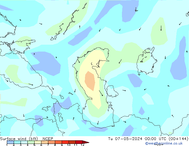 Surface wind (bft) NCEP Út 07.05.2024 00 UTC