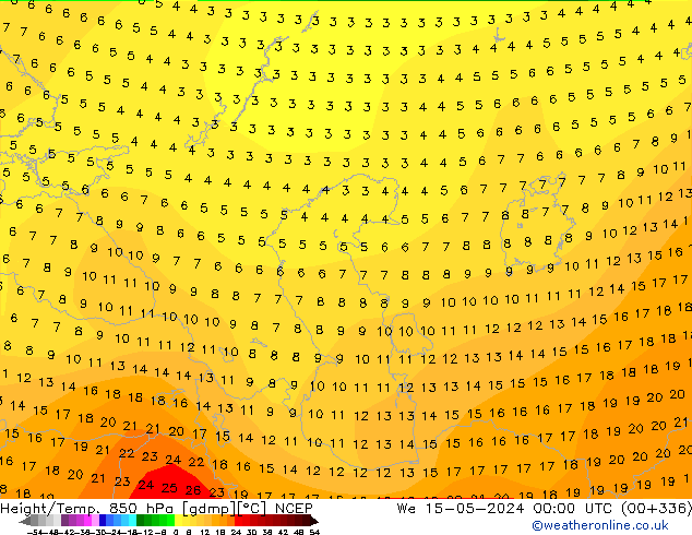 Hoogte/Temp. 850 hPa NCEP wo 15.05.2024 00 UTC