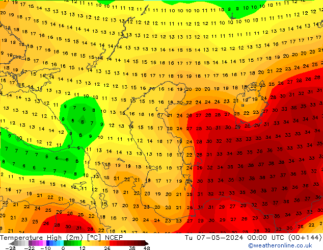 Temperature High (2m) NCEP Tu 07.05.2024 00 UTC