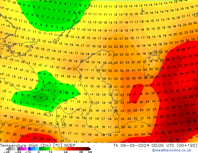 Nejvyšší teplota (2m) NCEP Čt 09.05.2024 00 UTC