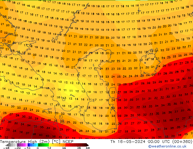 temperatura máx. (2m) NCEP Qui 16.05.2024 00 UTC