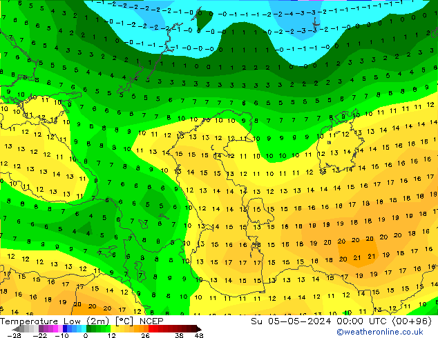 Temperature Low (2m) NCEP Su 05.05.2024 00 UTC