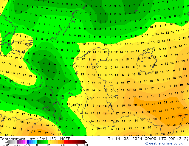 temperatura mín. (2m) NCEP Ter 14.05.2024 00 UTC