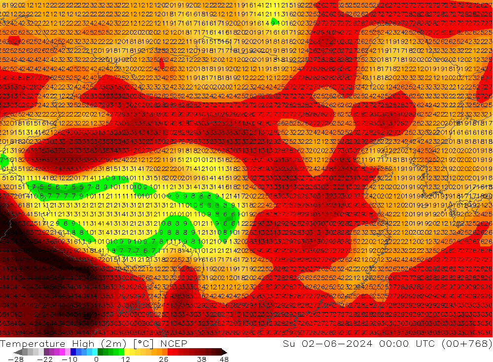 Temperature High (2m) NCEP 星期日 02.06.2024 00 UTC