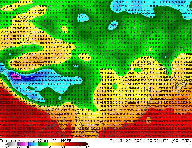 Temperature Low (2m) NCEP 星期四 16.05.2024 00 UTC
