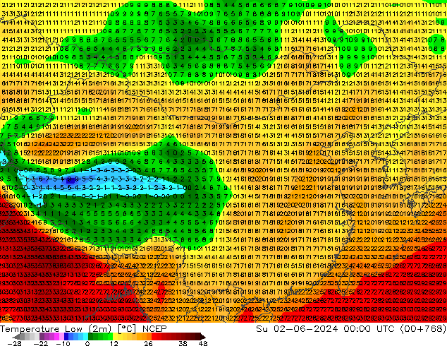 Temperature Low (2m) NCEP 星期日 02.06.2024 00 UTC