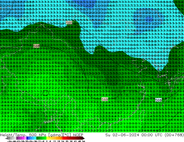 Height/Temp. 500 hPa NCEP 星期日 02.06.2024 00 UTC