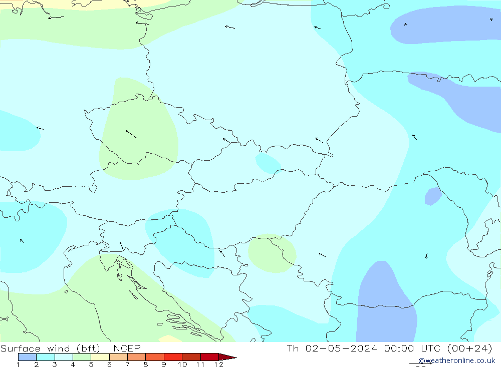 Vento 10 m (bft) NCEP gio 02.05.2024 00 UTC