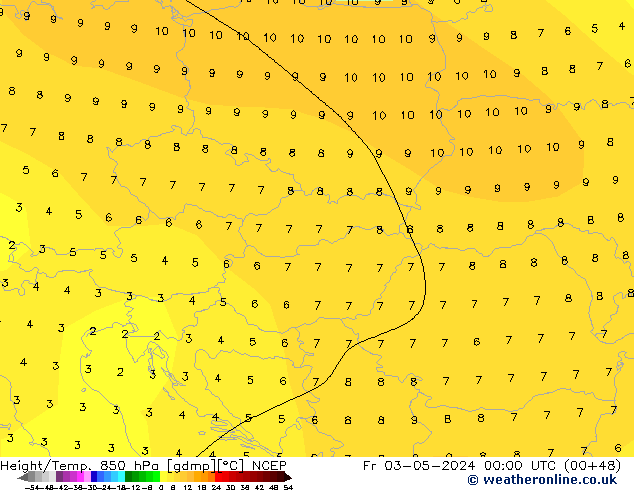 Geop./Temp. 850 hPa NCEP vie 03.05.2024 00 UTC