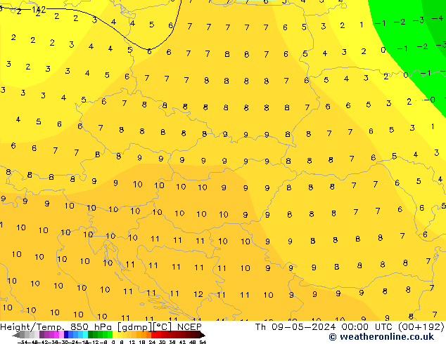 Height/Temp. 850 гПа NCEP чт 09.05.2024 00 UTC