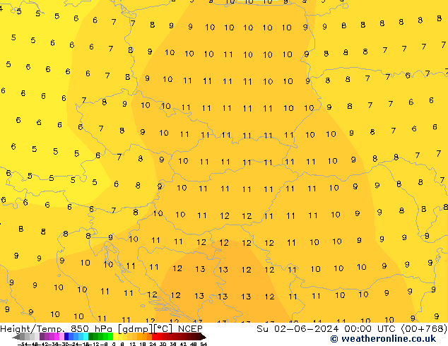 Yükseklik/Sıc. 850 hPa NCEP Paz 02.06.2024 00 UTC