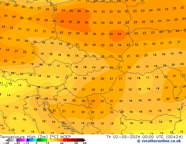 Max. Temperatura (2m) NCEP czw. 02.05.2024 00 UTC