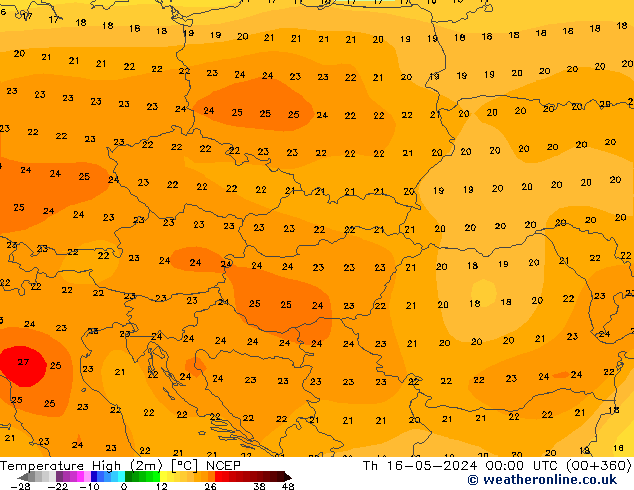 Max. Temperatura (2m) NCEP czw. 16.05.2024 00 UTC