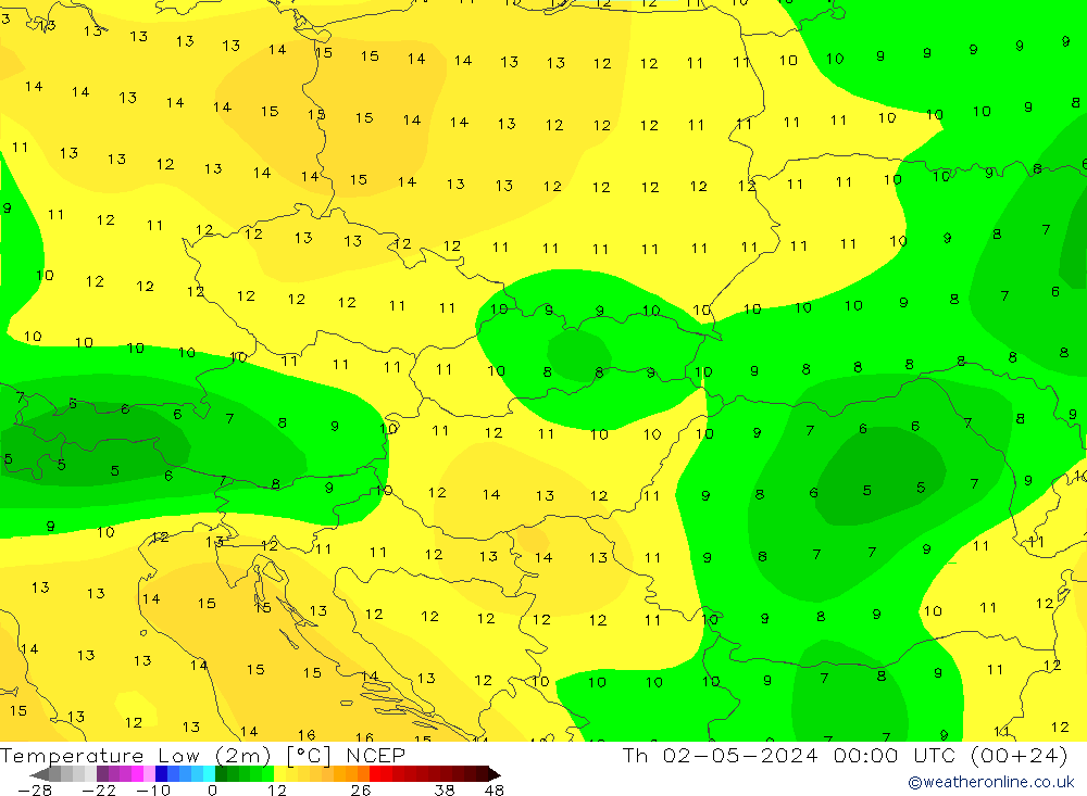 Nejnižší teplota (2m) NCEP Čt 02.05.2024 00 UTC