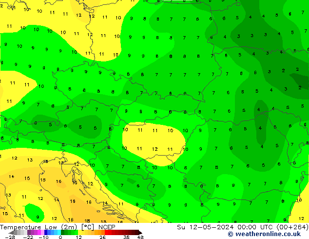 Nejnižší teplota (2m) NCEP Ne 12.05.2024 00 UTC