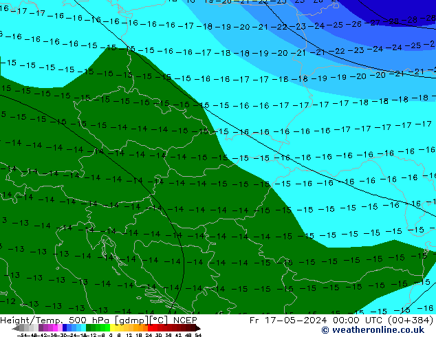 Hoogte/Temp. 500 hPa NCEP vr 17.05.2024 00 UTC