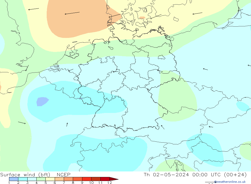 �N 10 米 (bft) NCEP 星期四 02.05.2024 00 UTC