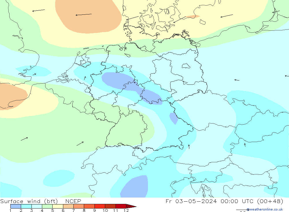 Rüzgar 10 m (bft) NCEP Cu 03.05.2024 00 UTC