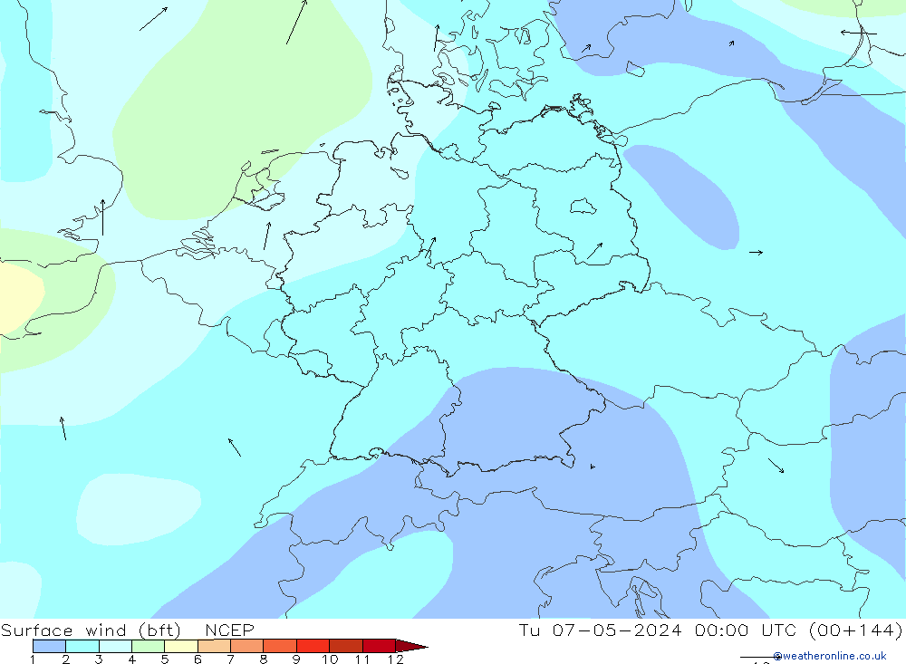 Vento 10 m (bft) NCEP Ter 07.05.2024 00 UTC