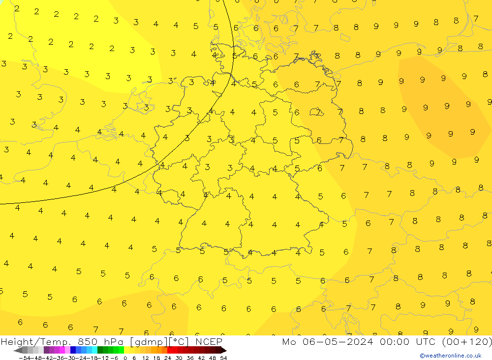 Height/Temp. 850 hPa NCEP pon. 06.05.2024 00 UTC