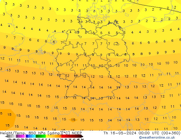 Height/Temp. 850 hPa NCEP gio 16.05.2024 00 UTC