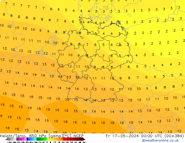 Geop./Temp. 850 hPa NCEP vie 17.05.2024 00 UTC