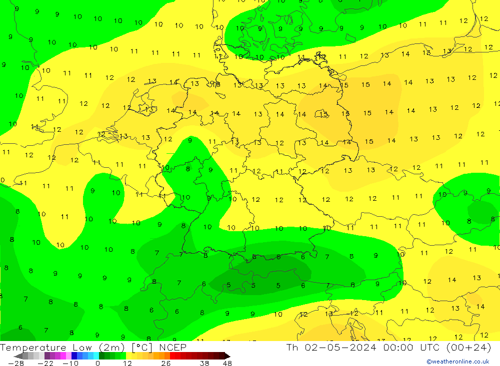 Темпер. мин. (2т) NCEP чт 02.05.2024 00 UTC