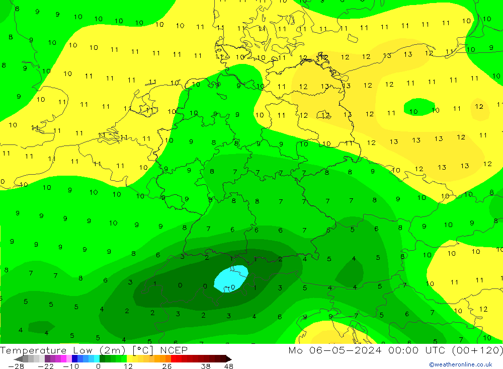 Min.temperatuur (2m) NCEP ma 06.05.2024 00 UTC