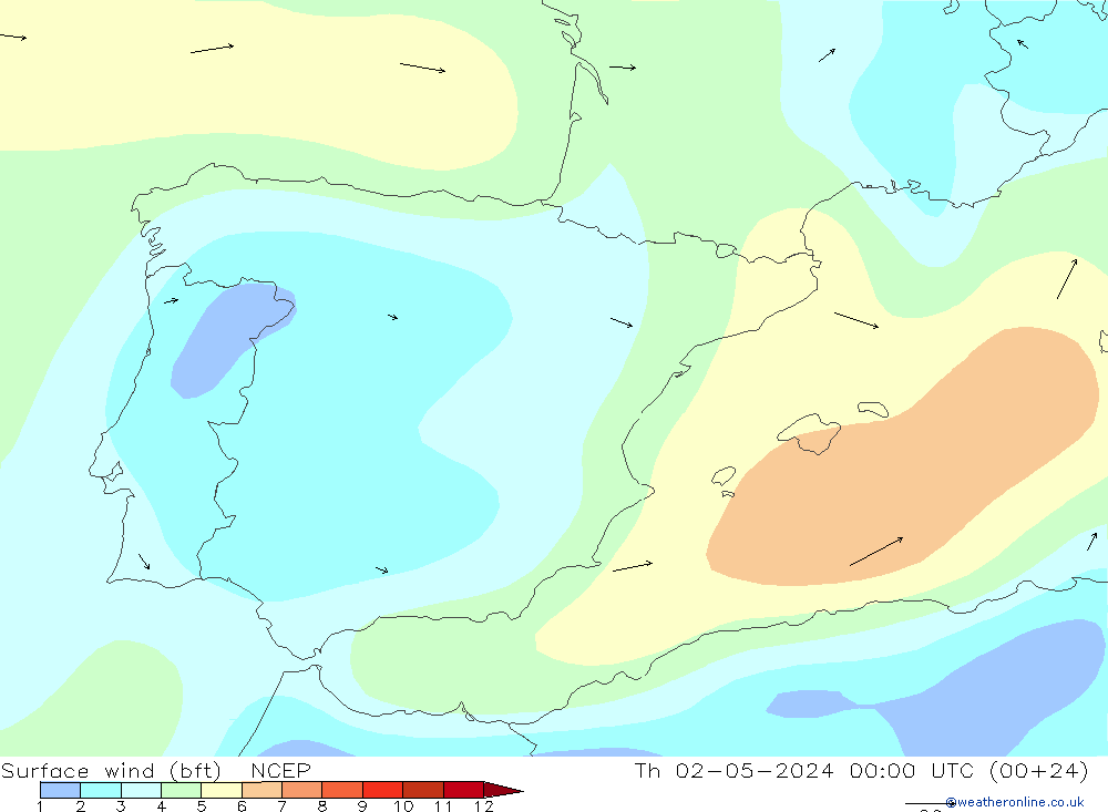 Surface wind (bft) NCEP Th 02.05.2024 00 UTC