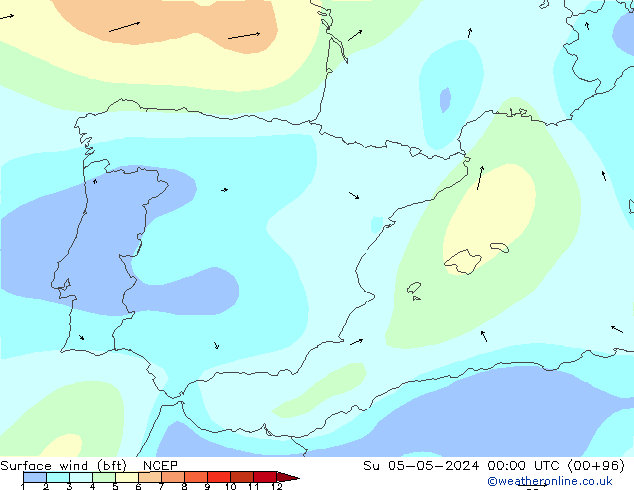 Wind 10 m (bft) NCEP zo 05.05.2024 00 UTC