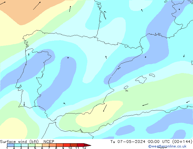 Wind 10 m (bft) NCEP di 07.05.2024 00 UTC